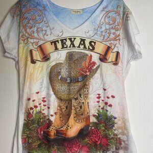 Sweet Gisele Country Texas Cowboy Hat and Boots Rhinestones & Glitter Shirt XL